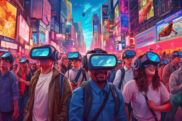 Da iPhoneIslam.com, un gruppo di persone prova visori alternativi per la realtà virtuale in una città affollata.