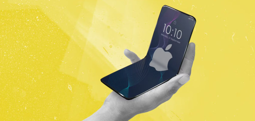 From iPhoneIslam.com, a hand holding a foldable smartphone.