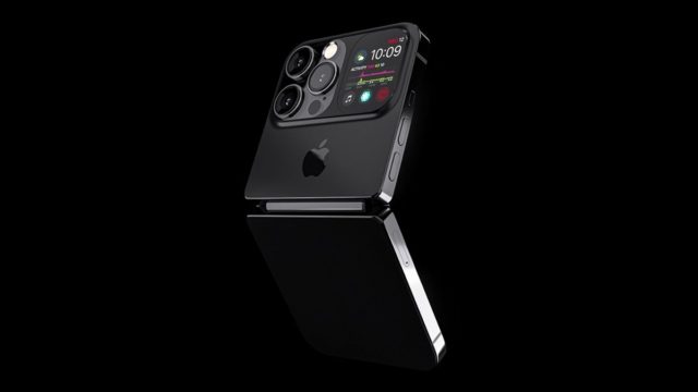 Van iPhoneIslam.com, een zwarte mobiele telefoon met meerdere camera's, met een innovatief opvouwbaar iPhone-ontwerp. Ontworpen en getest door Apple