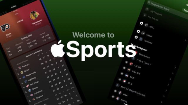 From iPhoneIslam.com, two iPhones showing "Welcome to Sports", showing the Apple Sport app.