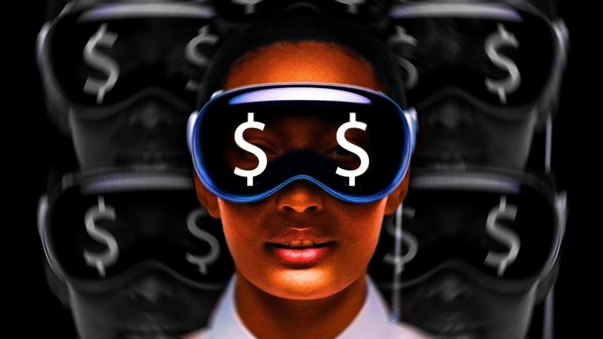 من iPhoneIslam.com، امرأة ترتدي نظارات واقية عليها علامات الدولار، وتعرض تكنولوجيا Vision Pro الخاصة بها، المستوحاة من تكنولوجيا Apple المبتكرة.
