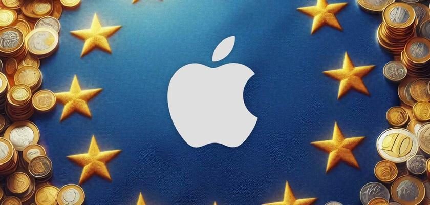 Desde iPhoneIslam.com, logo de Apple rodeado de monedas de euro, con la Unión Europea amenazando a Apple.