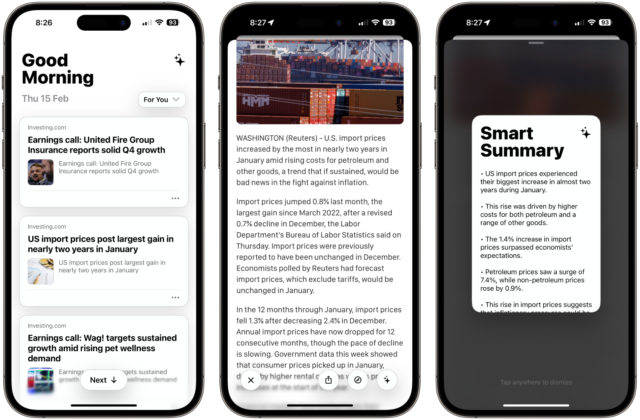 من iPhoneIslam.com، ثلاثة أجهزة iPhone تعرض مقالات إخبارية متنوعة على شاشاتها.