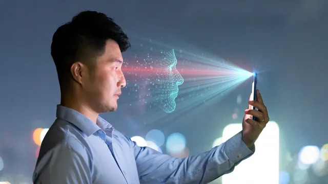 Z iPhoneIslam.com Mężczyzna trzyma telefon emitujący magiczne złote światło.