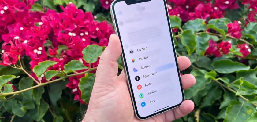iPhoneIslam.com'da, çiçeklerin önünde bir el, iOS 17'nin kullanışlı özelliklerini gösteren bir iPhone XR tutuyor.