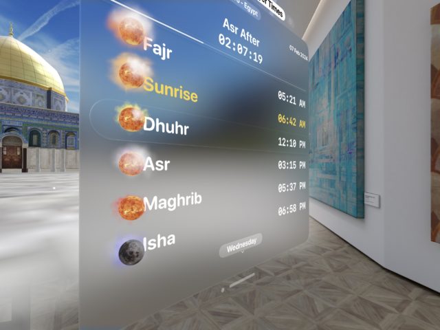 از iPhoneIslam.com، توضیحات: برنامه ای که تصویری سه بعدی از گنبد اورشلیم را با اوقات نماز و عینک ویژن پرو نمایش می دهد.
