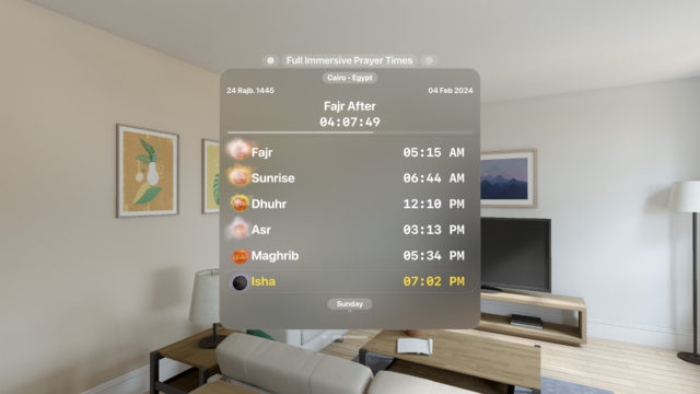 Depuis iPhoneIslam.com, rendu 3D d'un salon équipé d'une télévision, montrant les fonctions de l'application des horaires de prière (prière) (app)