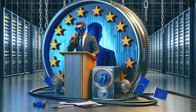 iPhoneIslam.com에서 가져온 EU 행사에서 양복을 입고 마이크 앞에 서 있는 남자의 사진.