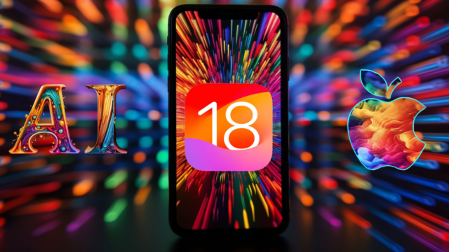 iPhoneIslam.com より、「ai」の文字、画面に「iOS 18」アップデートが適用されたスマートフォン、そして鮮やかな色と抽象的な色の組み合わせで様式化されたリンゴをフィーチャーし、創造的に編集された画像。