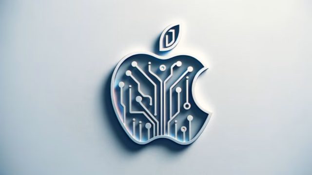 С сайта iPhoneIslam.com: неоново-синий контур яблока с формой печатной платы на сером фоне, дизайн Apple.