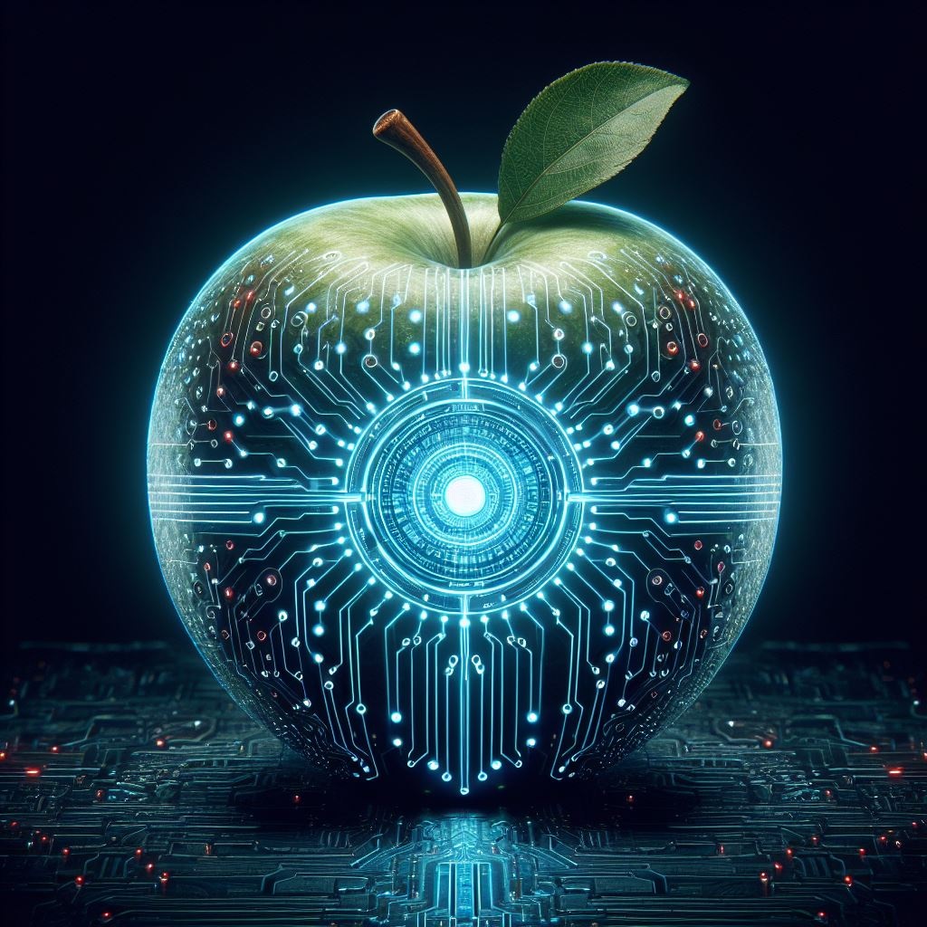 من iPhoneIslam.com، تفاحة مع نمط لوحة دائرة مضيئة متراكب عليها، ترمز إلى اندماج الجوزاء والمواد العضوية.