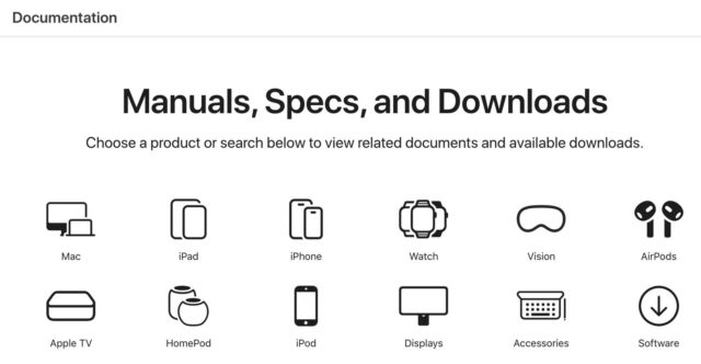 iPhoneIslam.com의 설명서, 사양, 뉴스 및 다운로드에 대한 Apple 제품 아이콘 모음을 표시하는 웹 페이지입니다.