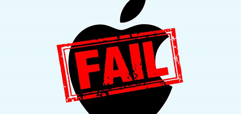 Em iPhoneIslam.com, logotipo preto da Apple com um carimbo vermelho “Falha”, apontando para o logotipo da Apple