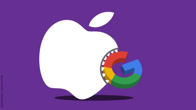 С сайта iPhoneIslam.com: стилизованное изображение логотипа Apple с красочным круглым контуром, встроенным в след укуса на фиолетовом фоне, символизирующее переговоры между Apple и Jog.