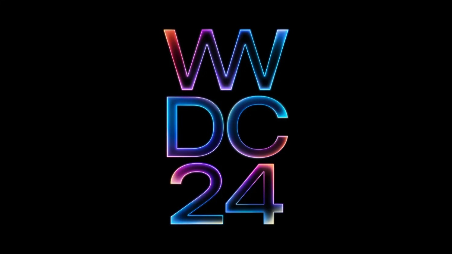 من iPhoneIslam.com، نص "WWDC 2024" مضاء بالنيون على خلفية سوداء.