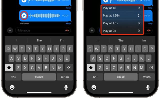 من iPhoneIslam.com، جهازي iPhone مزودان بلوحات مفاتيح مختلفة، يعرضان الميزات المخفية لنظام iOS 17 على تطبيق الرسائل.