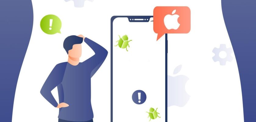 من iPhoneIslam.com، رسم توضيحي لشخص في حيرة من أمره بسبب أخطاء برمجية على جهاز آي فون.