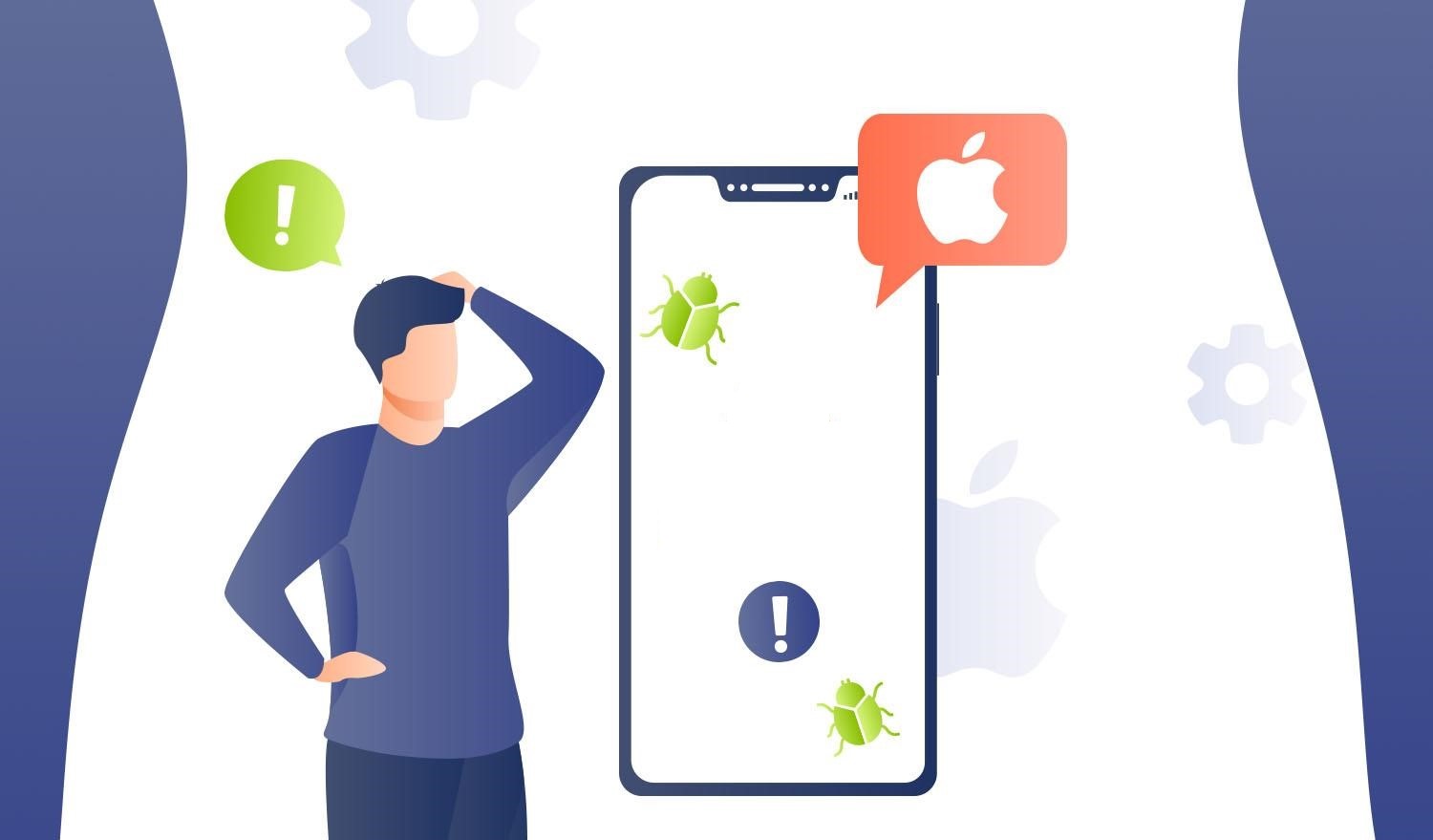 من iPhoneIslam.com، رسم توضيحي لشخص في حيرة من أمره بسبب أخطاء برمجية على جهاز آي فون.