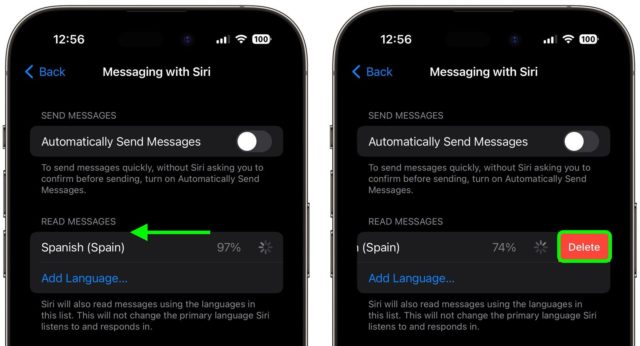Z iPhoneIslam.com, dwa smartfony wyświetlające ekran „Ustaw Siri do czytania wiadomości”, gdzie lewy ekran pokazuje aktywną opcję czytania wiadomości, a prawy ekran