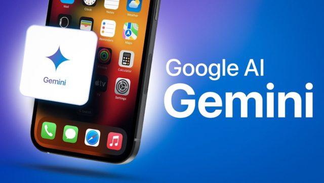 من iPhoneIslam.com، هاتف ذكي يعرض رمز تطبيق يحمل اسم "gemini" مع النص "جوجل ai Gemini" بجواره.