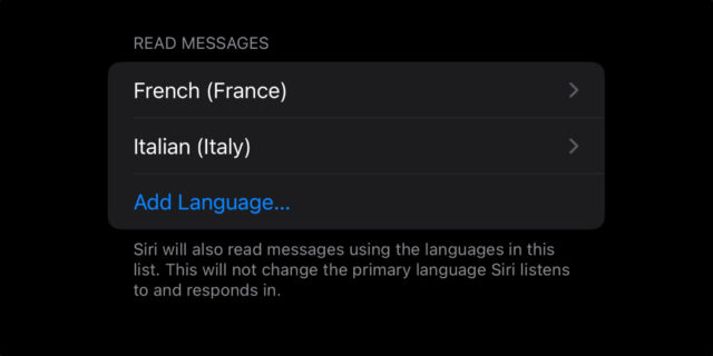 Dari iPhoneIslam.com, tangkapan layar menunjukkan antarmuka pengguna dengan opsi untuk membaca pesan dalam bahasa Prancis (Prancis) dan Italia (Italia), Mengatur Siri untuk membaca pesan,