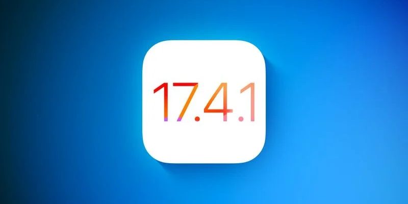 Em iPhoneIslam.com, ícone de atualização de segurança do iOS 17.4.1 em fundo gradiente azul.