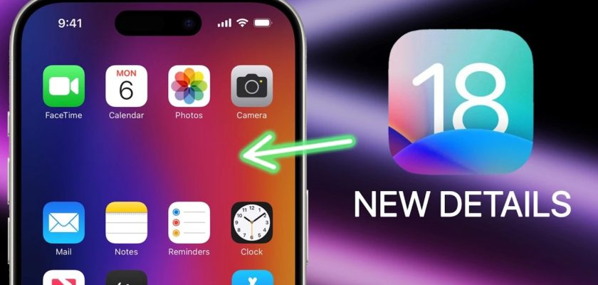 iPhoneIslam.com より、iOS 18 アップデートを示す、カレンダー アプリを指す矢印が付いた新機能を示すスマートフォンの画面。