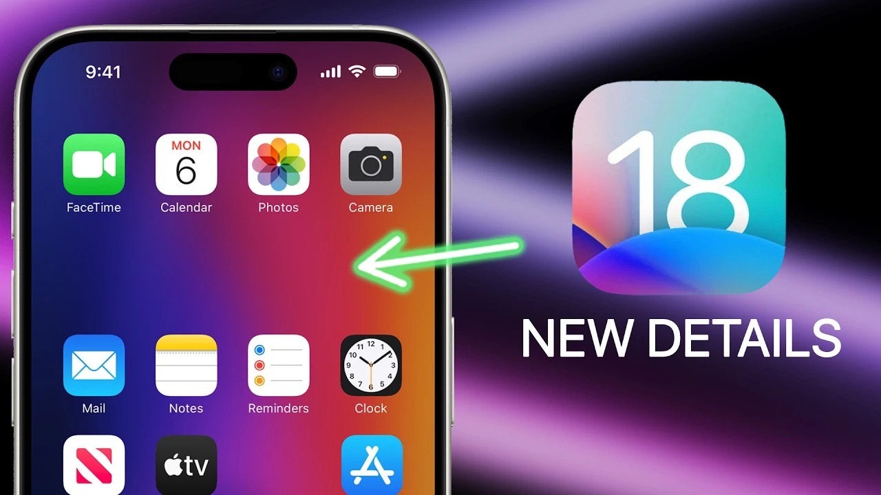 من iPhoneIslam.com، شاشة هاتف ذكي تعرض ميزات جديدة مع سهم يشير إلى تطبيق التقويم، ويعرض تحديث iOS 18.