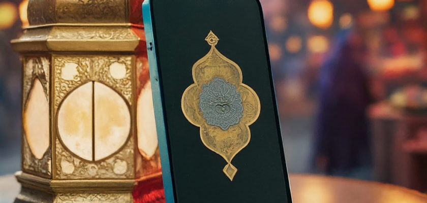 From iPhoneIslam.com, a smartphone featuring an iPhone Islam design placed on a table next to a traditional lantern, with a blurred market scene in the background.