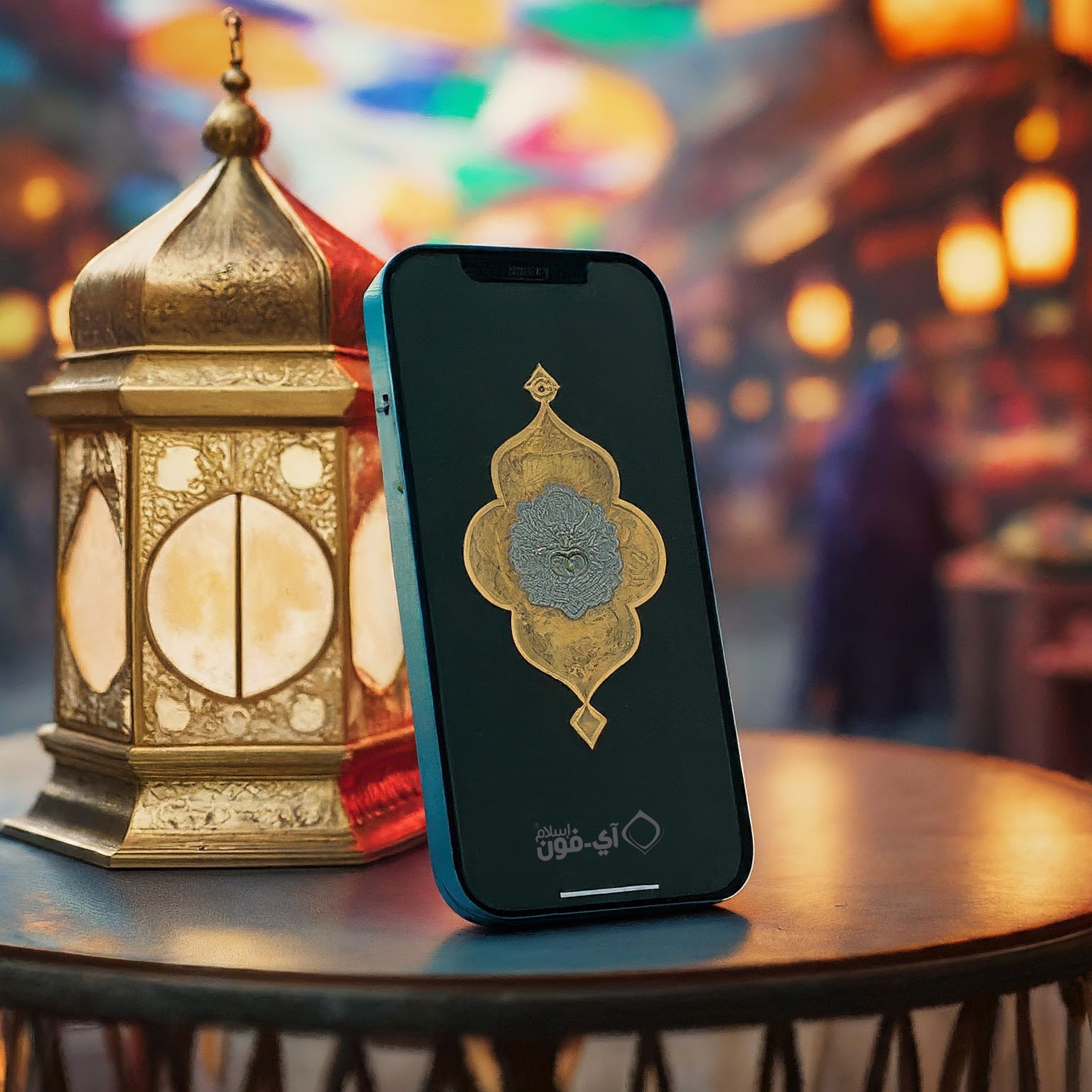 من iPhoneIslam.com، هاتف ذكي يعرض تصميم آي فون إسلام موضوعًا على طاولة بجوار فانوس تقليدي، مع مشهد سوق غير واضح في الخلفية.
