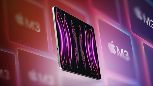Z iPhoneIslam.com: tablet z abstrakcyjnym wzorem na ekranie unoszącym się na tle z kolorową grafiką, marginesami i logo jabłka.