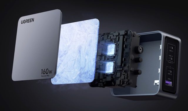 Desde iPhoneIslam.com, una vista detallada del cargador Ugreen de 160 W que muestra los componentes internos y la caja exterior.