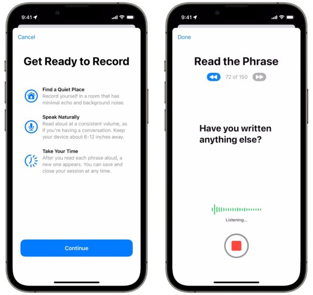 Depuis iPhoneIslam.com, deux iPhones affichant des instructions à l'écran pour l'enregistrement audio avec un indicateur de progression sur l'écran de droite et une fonction de synthèse vocale.