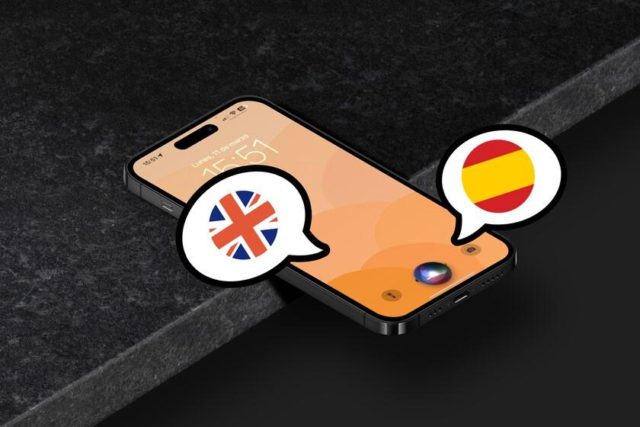 iPhoneIslam.com より、英語からスペイン語への翻訳機能 (メッセージを読み上げるように Siri を設定するなど) を示すイギリスとスペインの国旗のアイコンが付いた言語翻訳アプリを表示するスマートフォン。