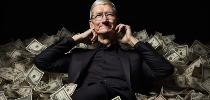 iPhoneIslam.com에서, 미국 달러 지폐 배경 앞에 앉아 애플 주식을 이용한 클릭-수익 전략을 상상하고 있는 웃는 남자