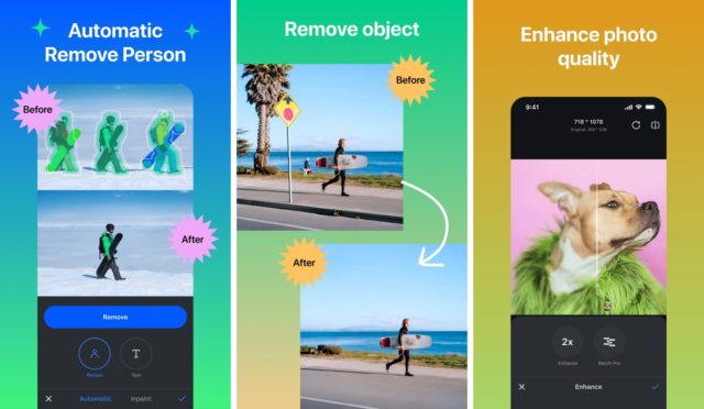 Depuis iPhoneIslam.com, trois panneaux montrant les fonctionnalités de l'application pour supprimer des personnes et des objets et améliorer la qualité de l'image, chacun avec des exemples « avant » et « après ».
