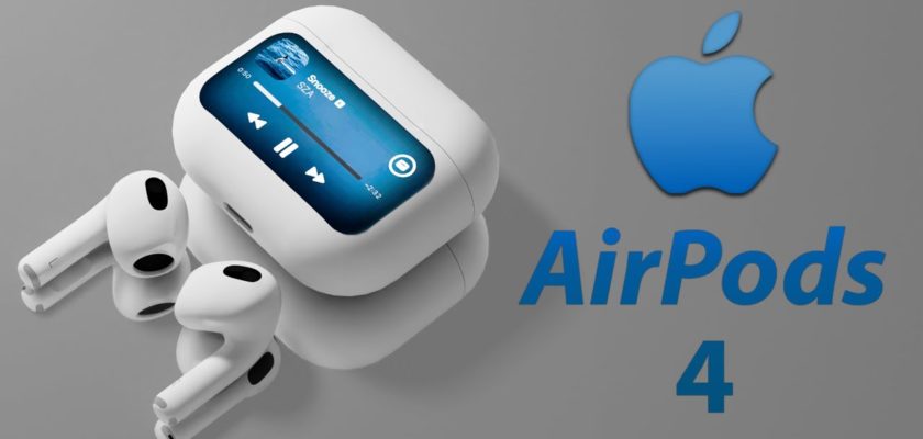 Z iPhoneIslam.com, AirPods 4 z cyfrowym wyświetlaczem na obudowie i indywidualnymi słuchawkami dousznymi wyświetlanymi obok logo Apple, na szarym tle.