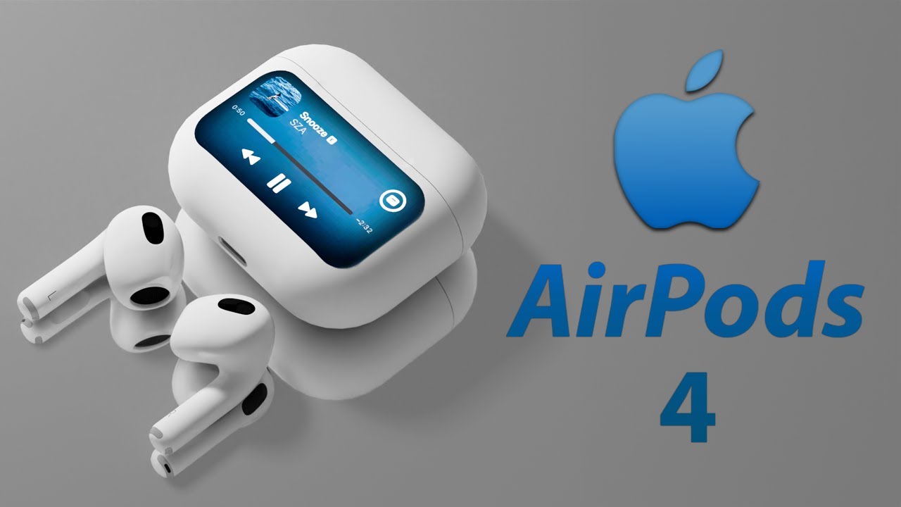 من iPhoneIslam.com، سماعة AirPods 4 مع شاشة رقمية على العلبة وسماعات أذن فردية معروضة بجوار شعار Apple، على خلفية رمادية.