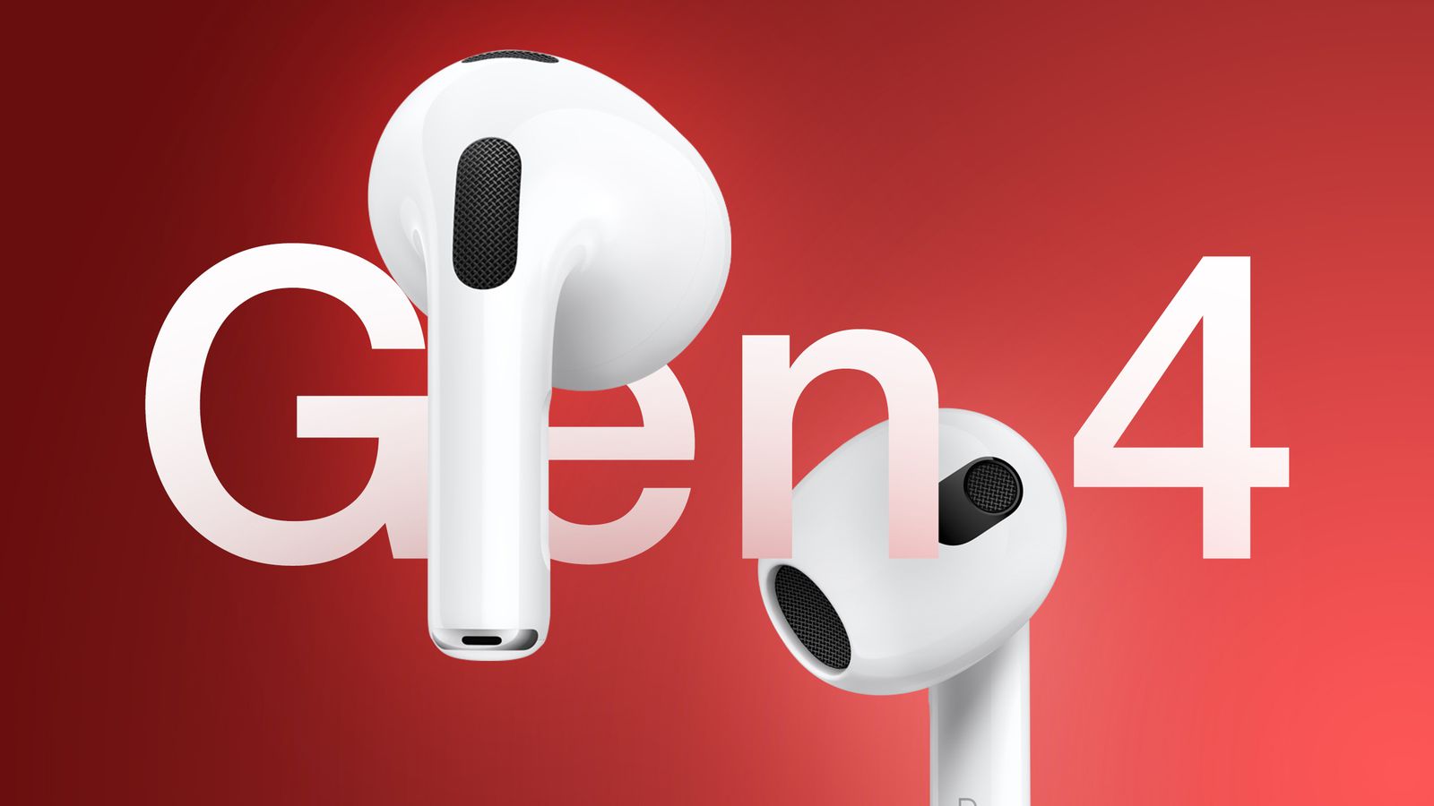 На сайті iPhoneIslam.com дві бездротові навушники з позначкою «AirPods 4» плавають на червоному фоні, демонструючи їх дизайн і розташування компонентів мікрофона та динаміка.