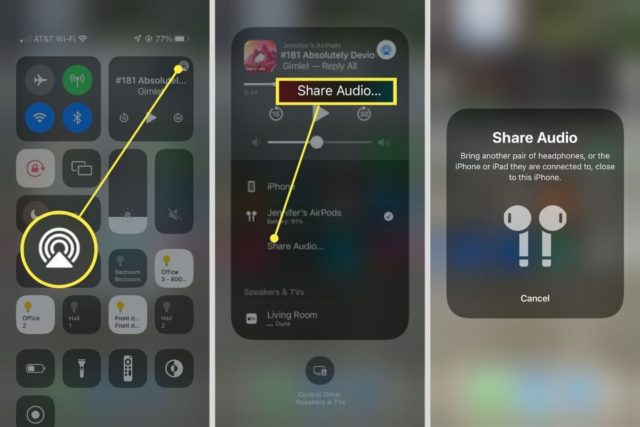 Desde iPhoneIslam.com, capturas de pantalla que muestran el proceso de compartir audio en un iPhone, desde tocar el ícono de AirPlay en el Centro de control hasta elegir un dispositivo como AirPods para compartir audio.