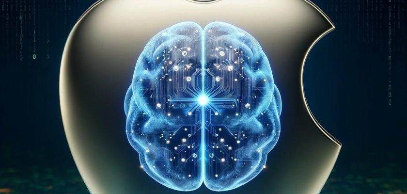 Dari iPhoneIslam.com, ilustrasi digital logo apel dengan sirkuit otak futuristik yang melambangkan kecerdasan buatan dan kecerdasan.