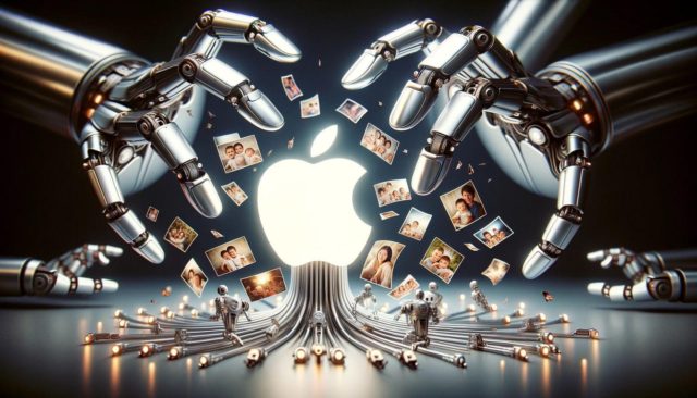 iPhoneIslam.com에서 인간의 손을 가진 로봇 팔은 미래적인 환경에서 빛나는 사과 로고 주위의 다양한 이미지를 조작하여 Apple과 Shutterstock 사이에 무슨 일이 일어나고 있는지 상징합니다.