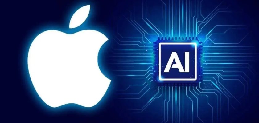 Dari iPhoneIslam.com, Ilustrasi logo Apple di samping desain chip AI dengan latar digital biru melambangkan keterlibatan Apple dalam teknologi AI dengan iPhone.