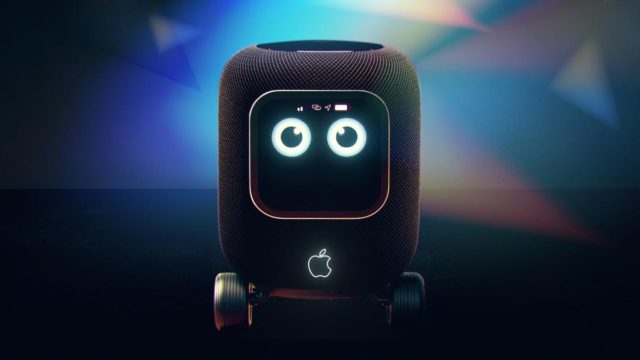از iPhoneIslam.com، تصویری از یک بلندگوی سبک با چشم‌ها و چرخ‌های انسانی در برابر نور پس‌زمینه چند رنگ، طراحی شده توسط اپل.