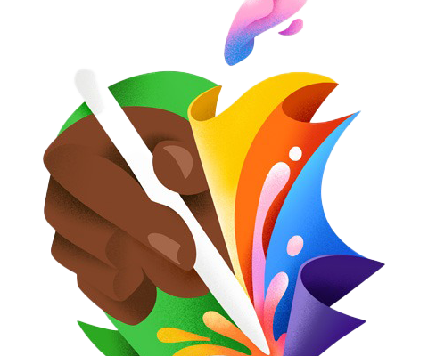 Van iPhoneIslam.com, illustratie van een hand met een donkere huidskleur die een iPad-stylus vasthoudt, met abstracte kunstachtige kleurspatten die uit de punt van de pen komen.