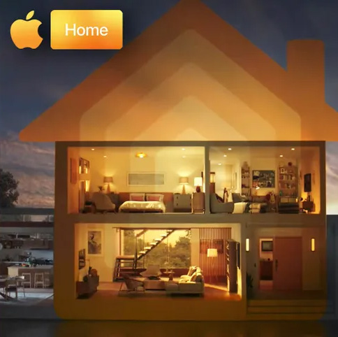 Do iPhoneIslam.com, uma vista transversal de uma casa inteligente com diferentes cômodos iluminados, simbolizando a automação residencial robótica da Apple.
