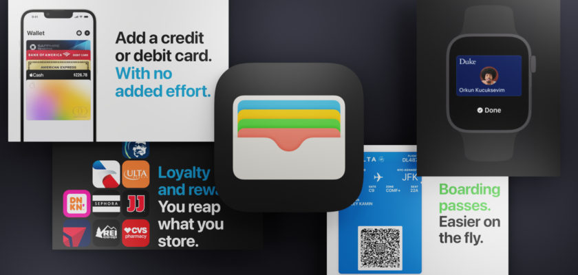 From iPhoneIslam.com, graphic showing a variety of digital wallet apps displayed on different devices, including a smartphone, smart watch, and graphical icons for cards and boarding passes, featuring tap technology