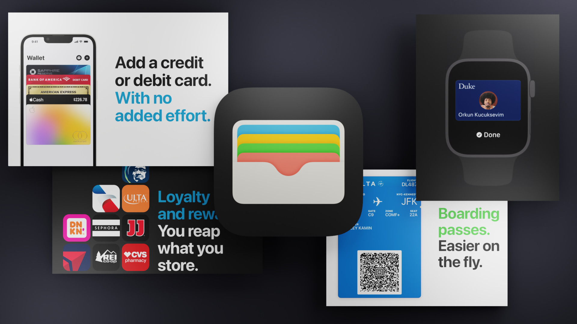 من iPhoneIslam.com، رسم يوضح مجموعة متنوعة من تطبيقات المحفظة الرقمية المعروضة على أجهزة مختلفة، بما في ذلك الهاتف الذكي والساعة الذكية والأيقونات الرسومية للبطاقات وبطاقات صعود الطائرة، والتي تتميز بتقنية الضغط