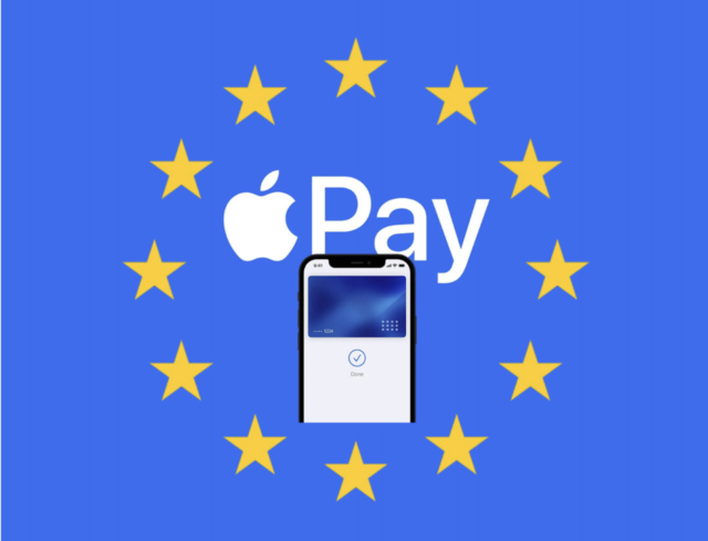 На сайті iPhoneIslam.com зображено логотип Apple Pay на екрані смартфона на блакитному фоні з жовтими зірочками, розташованими по колу, включно з оплатою одним дотиком.