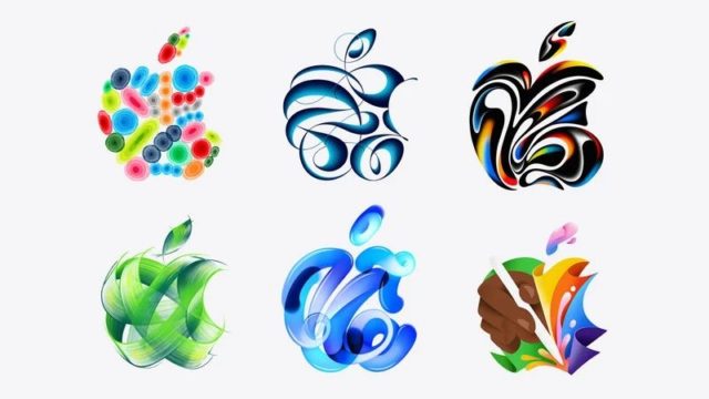 Dari iPhoneIslam.com, serangkaian enam interpretasi artistik ikon apel dalam gaya dan warna berbeda, mulai dari desain gelembung abstrak hingga bentuk cair seperti pita, dipamerkan di konferensi periklanan.
